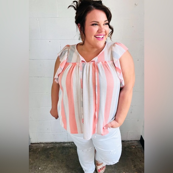 Coral & Light Blue Stripe Waffle Tie Neck Top - Picture 1 of 8